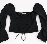 Abercrombie & Fitch Black Puff Sleeve Tie Front Top | Romantic Going Out Blouse Photo 0