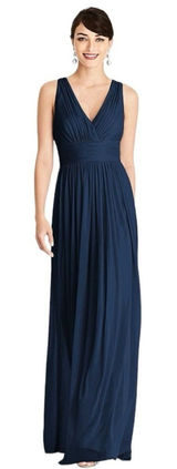 ML Monique Lhuillier Dress Women 6 Navy Blue‎ Chiffon Pleated Fit And Flare Gown Photo 0