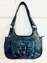 Navy Blue Shoulder Bag Purse Tote w/ Gold-Tone Accents: Faux Leather, Small Photo 0