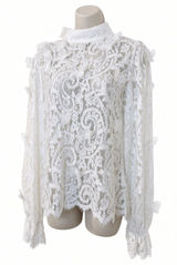 INA White Lace High Neck Blouse 3D Butterflies Size L Back Zipper Photo 0