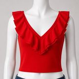Red Ruffle V Neck Sleeveless Crop Top Back Zip‎ XS Whimsygoth Chic Club Attire Photo 0