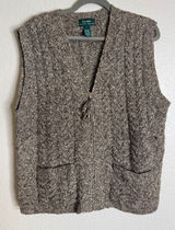 Ralph Lauren LRL Women L Sweater Vest Brown Wool Silk Cable Knit Full Zip Rustic Photo 0