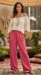 Oh My Gauze Casual Pants Size S/M Pink Cotton Elastic Waist Boho Lagenlook NWT Photo 0