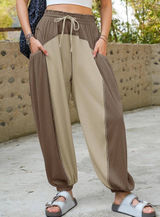 Boho Slouchy Sz L Harem Barrel Joggers Khaki Ribbed Colorblock Streetwear Fisoew Photo 0