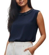 THE LIMITED Navy‎ Blue Rhinestone Embellished Peter Pan Collar Blouse NWOT XS Photo 0