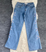 Gogo Jeans Denim Blue Wide Leg Jeans Mid Rise Pink Bow Embroidered Coquette Boho Photo 0