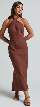 SHOWPO Maelynn Linen Twist Halter Neck Low Back Slip Dress In Chocolate Photo 0