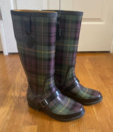LL Bean Wellie Rain Boots Women 7 Purple Green Plaid Buckle Tall Preppy Heritage Photo 0