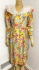 Leslie Fay Vintage Floral Midi Dress Petite 12 Scalloped Sheer Collar Rayon Pink Photo 0