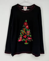 Quacker Factory Womens XL Black‎ Christmas Tree Embroidered Sweater Ramie Cotton Photo 0
