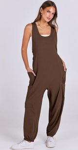 Anrabess Brown Sleeveless Cargo Pocket Jumpsuit XL Cross Back Jogger Hem Romper Photo 0