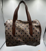 Fossil Rachel Satchel Bag Taupe Heart Print Pebbled Leather Brown Trim Handbag Photo 0