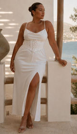 MESHKI‎ White Cowl Neck Lace Up Corset Midi Dress Side Slit Large Photo 0