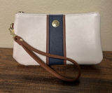 Stone & Co. White Blue Brown Colorblock Wristlet Zip Wallet Card Slots Logo Photo 0