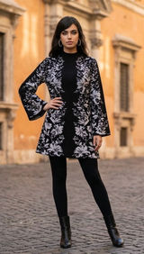 London Times Black White Floral Knit Sweater Dress Mock Neck Bell Sleeve Large Photo 0