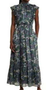 NWT Lost + Wander Dark Green Smocked High Neck Floral Ruffle Midi Dress Sz M Photo 0