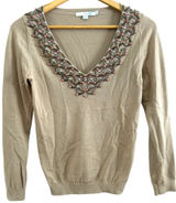 Boden Women's Tan Sand Embellished Beaded‎ V Neck Wool Blend Sweater Size 2 XS Photo 0