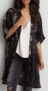 American Eagle Sheer Open Front‎ Kimono Black Floral Lace Sz M Fairy Whimsigoth Photo 0