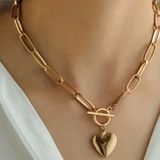 Golden Heart Pendant Chunky Chain Necklace, Alloy Gold Tone Photo 0