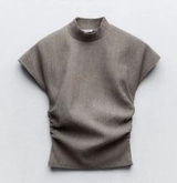Zara ruched top textured gathered mock neck short sleeve neutral taupe Photo 0