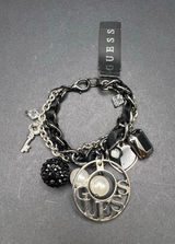 New! Guess Black Silver Tone Chunky Charm Faux Pearl Rhinestone Heart Bracelet Photo 0