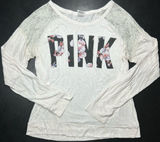 PINK Victoria's Secret Size L Lace-Sleeve Floral Logo Long Sleeve Top Photo 0