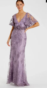 Mac Duggal Purple Embellished Flutter Sleeve Evening Gown Photo 0