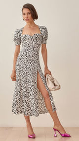 Reformation Dalmatian Printed Slit Midi Dress Size 0 Feminine Chic Lightweight Photo 0
