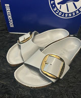 BIRKENSTOCK Madrid gray leather gold buckle sandals slippers shoes eur 39 new Photo 0
