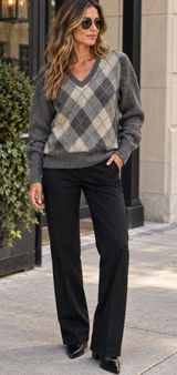 Belmondi Lamb and Angora Wool Gray & Cream Argyle V-Neck Sweater Size Small Photo 0
