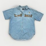 Vintage Denim Shirt Short Sleeve Women's L Embroidered‎ Animal Scene Noah's Ark Photo 0