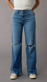 American Eagle Super High Rise Baggy Wide Leg Stretch Distressed Jeans 12 Long Photo 0