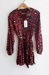 Sirena Abstract Leopard Print Mini Dress Burgundy Pink Long Sleeve Belted Small Photo 0