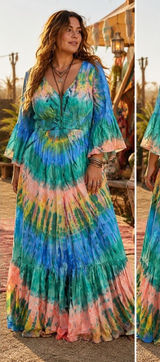 Tie Thai Boho Bell Sleeve Tie Dye Festival Maxi Dress Womens Large Multi-Color Photo 0
