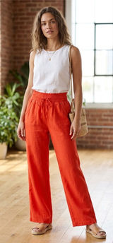 Ci Sono Womens Orange Pants Size M Linen Blend‎ Smocked Waist Wide Leg Coastal Photo 0