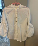 Lauren Ralph Lauren White Balloon Sleeve Blouse M Gold LRL btns Mandarin Collar Photo 0