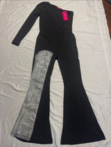 NWT Mundefeis Black One Shoulder Rhinestone Jumpsuit Flare Leg Party Romper S Photo 0