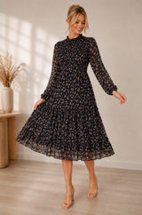 Petal + Pup Edwina Smocked Navy Tiered Smocked Floral Dress - Size S Photo 0