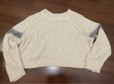 American Eagle Cozy Soft Wool Cropped Cream Sweater with Blue Accents Photo 0
