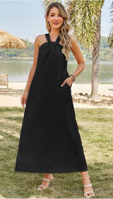 Kikibell Black Halter Maxi Dress Plisse Crinkle Flowy Summer Vacation Medium Photo 0