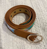 Talbots Women's Brown Leather Trim Madras Plaid Belt Size XL Gold Buckle Photo 0