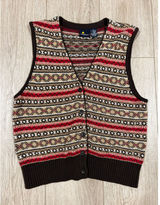 Vintage Lizsport Fair Isle Sweater Vest Brown Red Cotton Blend Button Front M Photo 0
