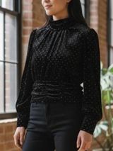 ZARA Velvet Metallic Long Sleeve‎ Crop Top Women's Size S Black Party Glam Photo 0