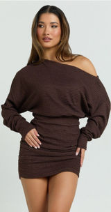 Showpo Alyce Mini Dress Size 4 Brown Ruched Off Shoulder Textured Knit Photo 0