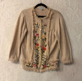Haband Floral Embroidered Fringed Cardigan Sweater Beige Tan Large Vintage Style Photo 0