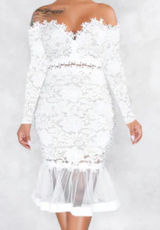White Floral Lace Long Sleeve Off the Shoulder BodyCon Party Dress Size M *READ Photo 0