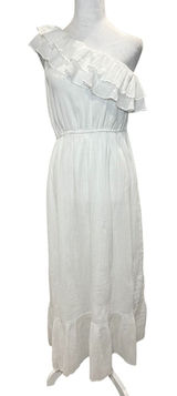 Boston Proper White One Shoulder Ruffle Midi Dress 12‎ Cotton Tiered Photo 0