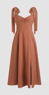 Cider Women Corset Midi Dress XS Brown Tie Shoulder‎ Ruched Sweetheart Feminine Photo 0