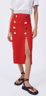 Zara Red High Waisted Midi Skirt Gold Buttons Front Slit Size Small Photo 0