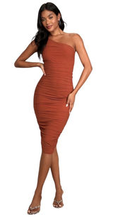 Lulus Already RSVP’d Brown Ruched One Shoulder Bodycon Midi Dress Womens M Photo 0